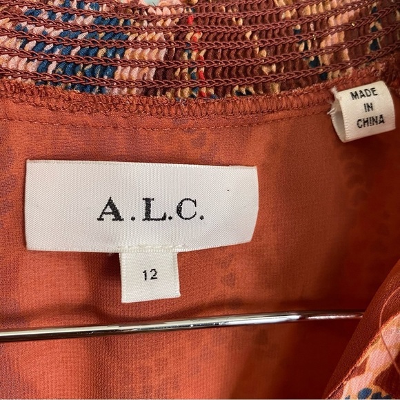 ALC Silvie Silk Mini Dress Ginger Combo Smocked Abstract Metallic Sz 12 - Picture 3 of 11